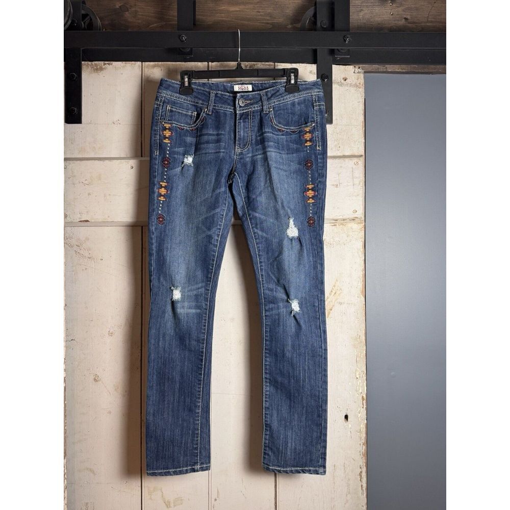 Mudd Low Rise Straight Blue Jeans Women's Size 9 Ripped Embroidered Aztec Desert - Picture 3 of 7